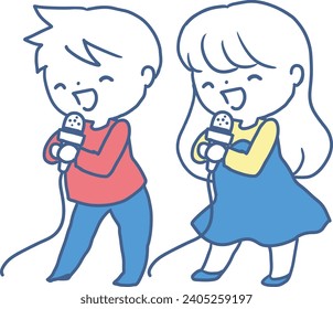 Joyful Duet Children Singing with Passion Vector Art. Ideal choice for children's musical events, educational materials, or any project celebrating music, friendship, and the joy of performing.