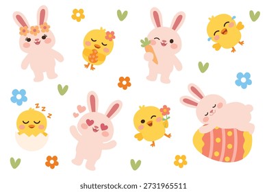 Animais alegres da Páscoa com flores e adereços de ovos Ilustração da primavera com coelhinhos, filhotes e flores Criaturas adoráveis da Páscoa com elementos festivos coloridos