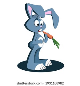 Un alegre conejito de Pascua comiendo deliciosas zanahorias.  Feliz Pascua. Ilustración vectorial de acciones