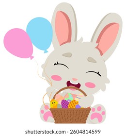Joyful Easter bunny holding a basket full of colorful eggs and balloons, celebrating the holiday with excitement. A perfect festive design for greeting cards, decorations, kids' projects, and spring t