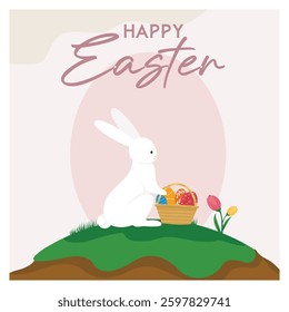 A joyful Easter celebration. A cute bunny on the grass with a basket of Easter eggs. Easter 2025 concept. Flat vector illustration.