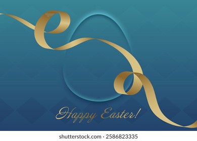 Joyful Easter. Decorative golden ribbon flows gracefully across a blue background, highlighting a hidden egg shape. A stylish celebration of resurrection and renewal