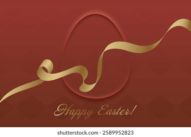 Joyful Easter. Festive design, golden ribbon on deep red background, Christian holiday, resurrection, faith, prayer, renewal, divine blessing, church, peace, devotion.