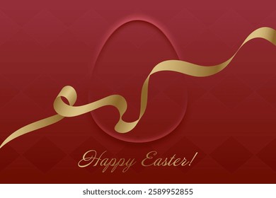 Joyful Easter. Festive design, golden ribbon on red background, Christian tradition, faith, resurrection, prayer, warmth, spiritual renewal, divine blessings, church gathering.