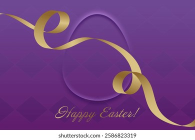 Joyful Easter. Festive greeting, golden ribbon on deep purple background, Christian holiday, resurrection, faith, prayer, renewal, divine blessing, church, devotion, holy celebration.