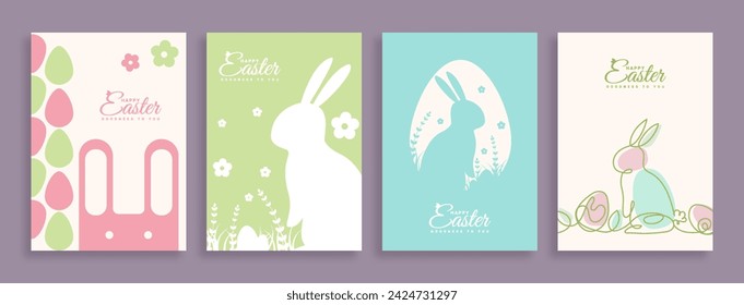 Joyful Easter greetings! Contemporary geometric abstract grace this collection of vector Easter illustrations, featuring Easter eggs and rabbits. Ideal for posters, covers, or postcards.