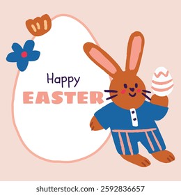 A joyful Easter illustration featuring a cute bunny holding a decorated egg, perfect for Easter holiday designs. Ideal for social media templates, greeting cards, gift cards, prints, invitations.
