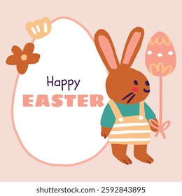 A joyful Easter illustration featuring a cute bunny holding a decorated egg, perfect for Easter holiday designs. Ideal for social media templates, greeting cards, gift cards, prints, invitations.