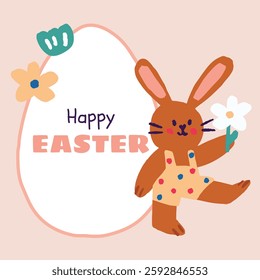 A joyful Easter illustration featuring a cute bunny holding a white flower, perfect for Easter holiday designs. Ideal for social media templates, greeting cards, gift cards, prints, invitations.