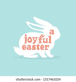 A Joyful Easter lettering on white bunny silhouette for card, invitation, poster, banner template. Vector illustration.