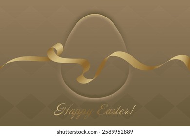 Joyful Easter. Luxurious gold ribbon flows smoothly, decorating an Easter-themed beige background. This elegant festive card symbolizes rebirth, divine grace, hope, tradition, peace, faith