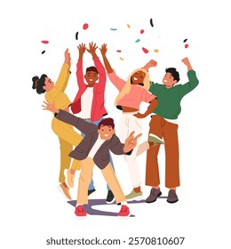 Joyful ecstatic young people friends rejoicing party time celebrating holiday event together dancing under confetti rain feeling excitement showcasing bonding and team spirit vector illustration