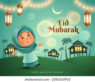 Joyful Eid Mubarak Celebration in a Festive Village Night