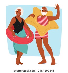 Joyful Elderly Couple Characters Ready For A Swim, Holding Inflatable Rings. White-haired Woman Smiles With A Pink Circle, Man Waves With His Star-shaped Float. Cartoon People Vector Illustration