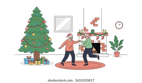 Joyful elderly couple dancing energetically near a decorated Christmas tree and fireplace