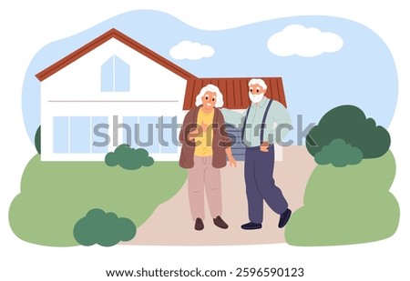 Joyful elderly couple outside their home. Happy grandparents. Senior couple standing in front of suburban house. Residential building. Real estate for retired people