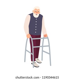 Joyful elderly man with walking frame or walker isolated on white background. Old bearded male character with physical disability or impairment. Colorful vector illustration in flat cartoon style.