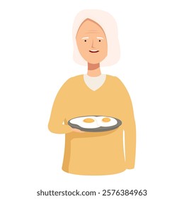 Joyful elderly woman. Depicted in a heartwarming illustration. Is happily serving a wholesome and nutritious breakfast meal on a plate. Including cooked eggs. To her family