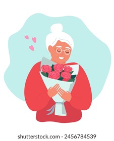 A joyful elderly woman with gray hair and a bouquet of flowers in her hands. Old lady with roses. Vector graphics.