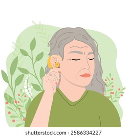 Joyful elderly woman uses a hearing aid. Woman listening sound with hand near ear for hearing check-up. Vector illustration