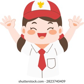 Joyful elementary school girl wearing cap waves enthusiastically in cartoon illustration style.