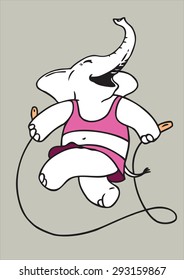 The joyful elephant cow jumps on a skipping rope and cheerfully laughs