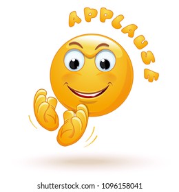 Joyful emoticon applauds. Cheerful emoji claps his hands happily. Joyful smiley claps. Stormy applause. Ovation. Vector illustration isolated on white background