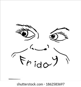 Joyful emoticon, expression of a person's face with the text, Friday. Vector drawing
