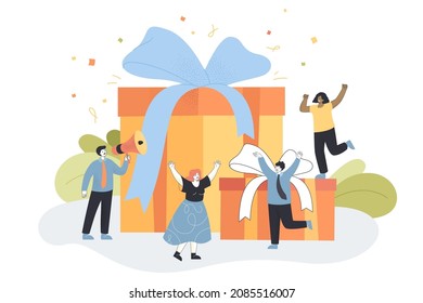 Joyful employees receiving gift for loyalty, brilliant idea or good job. Employer paying reward to winner under confetti flat vector illustration. Birthday present from coworker, special bonus concept