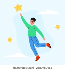 A Joyful and Enthusiastic Young Person Reaching for the Distant Stars in a Bright Sky. A man achieves his goals, goes towards his dream, catches inspiration.