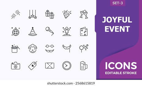 Joyful event icon. Contains such icons as champagne, happy, event, spark, celebrate, fun, gift and more. Isolated icons design. Editable minimalist vector illustration.