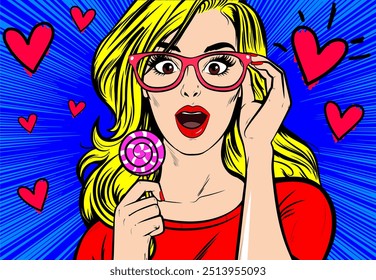 Alegre Mujer rubia feliz y sorprendida con gafas, sosteniendo una piruleta rodeada de corazones. Expresión emocionada y sorprendida. amor y belleza. Vibrante, ilustración de cómic de arte Pop