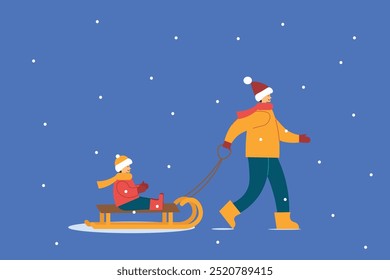 A Joyful and Exciting Winter holidays Enjoying an Adventurous Sledding Experience. Lifestyle and family. Vector illustration