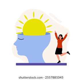 Joyful expression of mental wellness with a bright sun and lively woman
