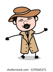 Joyful Expression - Retro Cartoon Police Agent Detective Vector Illustration