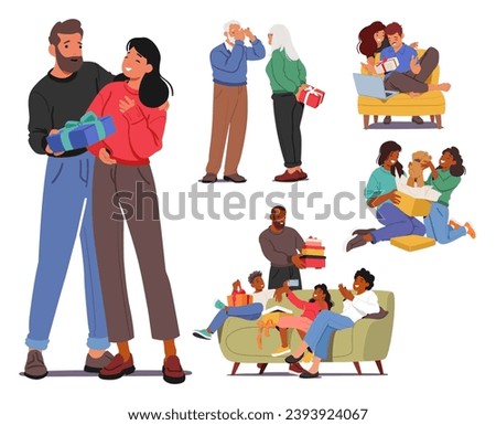 Joyful Faces Illuminate As People Exchange Carefully Wrapped Gifts, Laughter Echoing In The Air. The Magic Of Giving And Receiving Creates A Warmth That Lingers In Hearts. Cartoon Vector Illustration