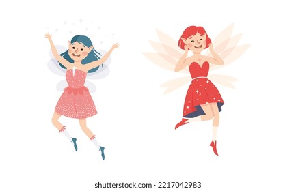 Joyful fairy girls. Lovely elf girls with pointed ears and wings wearing nice dresses vector illustration