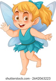 A joyful fairy illustration with vibrant colors, featuring a playful pose and detailed wings. Perfect for children's media