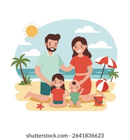  Joyful Family at the Beach – Flat Style Vector Illustration