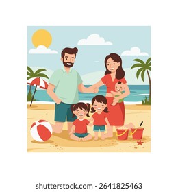 Joyful Family Beach Vacation Illustration with Sunny Skies and Playful Waves
