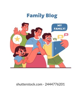 Joyful family blog concept. People exploring internet possibilities. Cheerful family shares their life online, engaging with digital audience. Candid moments and genuine smiles. Vector illustration