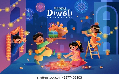 Joyful family celebrating Diwali Festival together with fireworks and cityscape in the background.