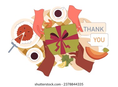 Joyful family celebrating Thanksgiving. American holiday dining and gathering. Happy people spending time together, giving presents for national november festive event. Flat vector illustration