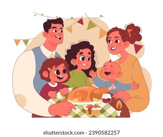 Joyful family celebrating Thanksgiving. American holiday dining and gathering. Happy children and parents spending time together. Flat vector illustration