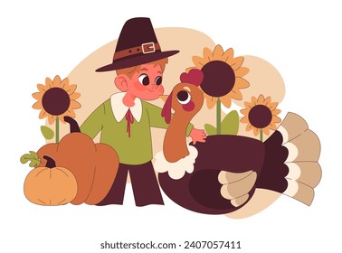 Joyful family celebrating Thanksgiving. American holiday gathering. Happy child, pilgrim with turkey and pumpkin. Flat vector illustration