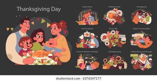 Joyful family celebrating Thanksgiving dark or night mode set. American holiday dining and gathering. Happy children, parents and grandparents spending time together. Flat vector illustration