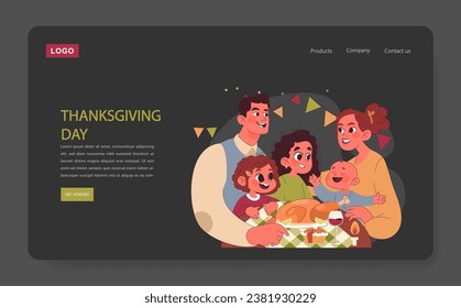 Joyful family celebrating Thanksgiving web banner or landing page dark or night mode. American holiday dining and gathering. Happy children and parents spending time together. Flat vector illustration