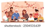 Joyful Family Characters Gathered Around The Dinner Table, Celebrating Thanksgiving With A Festive Meal. Cartoon Vector Illustration Captures Feelings Of Warmth, Togetherness, And Holiday Gratitude