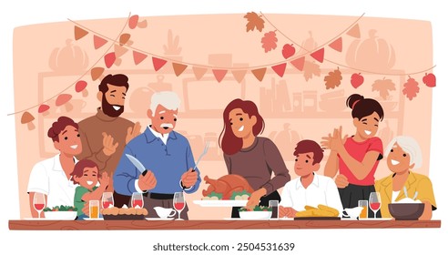 Joyful Family Characters Gathered Around The Dinner Table, Celebrating Thanksgiving With A Festive Meal. Cartoon Vector Illustration Captures Feelings Of Warmth, Togetherness, And Holiday Gratitude