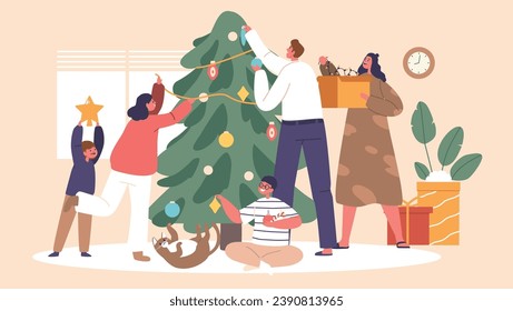 Joyful Family Characters Gathers Around Twinkling Christmas Tree, Laughter Echoing As They Lovingly Decorate